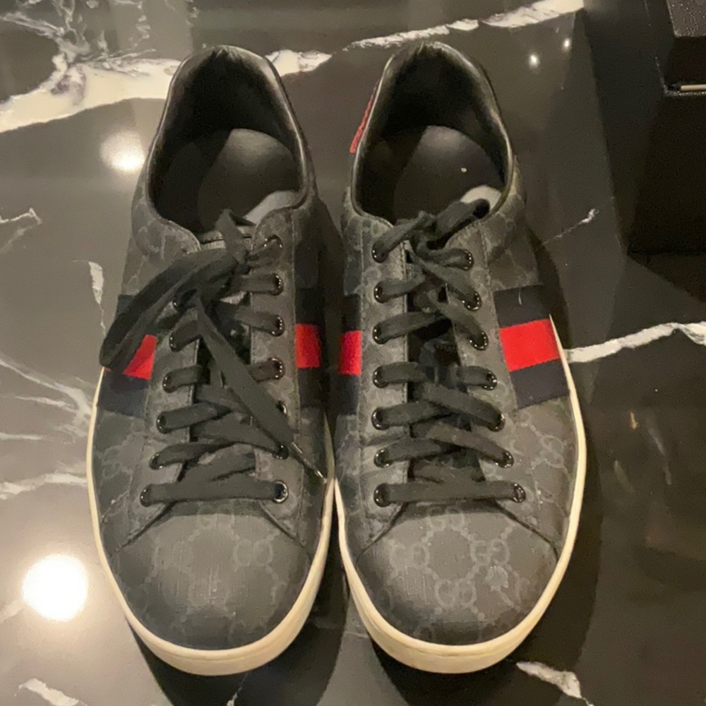 Men’s Gucci Ace Sneakers FEATURING Blue and Red Webbing and Snakeskin